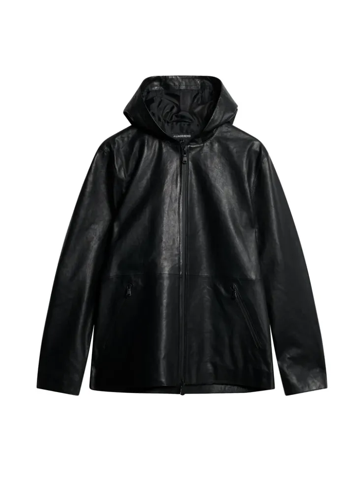 Jackets|Outerwear<J.Lindeberg Hadley Leather Hoody Jacket Black