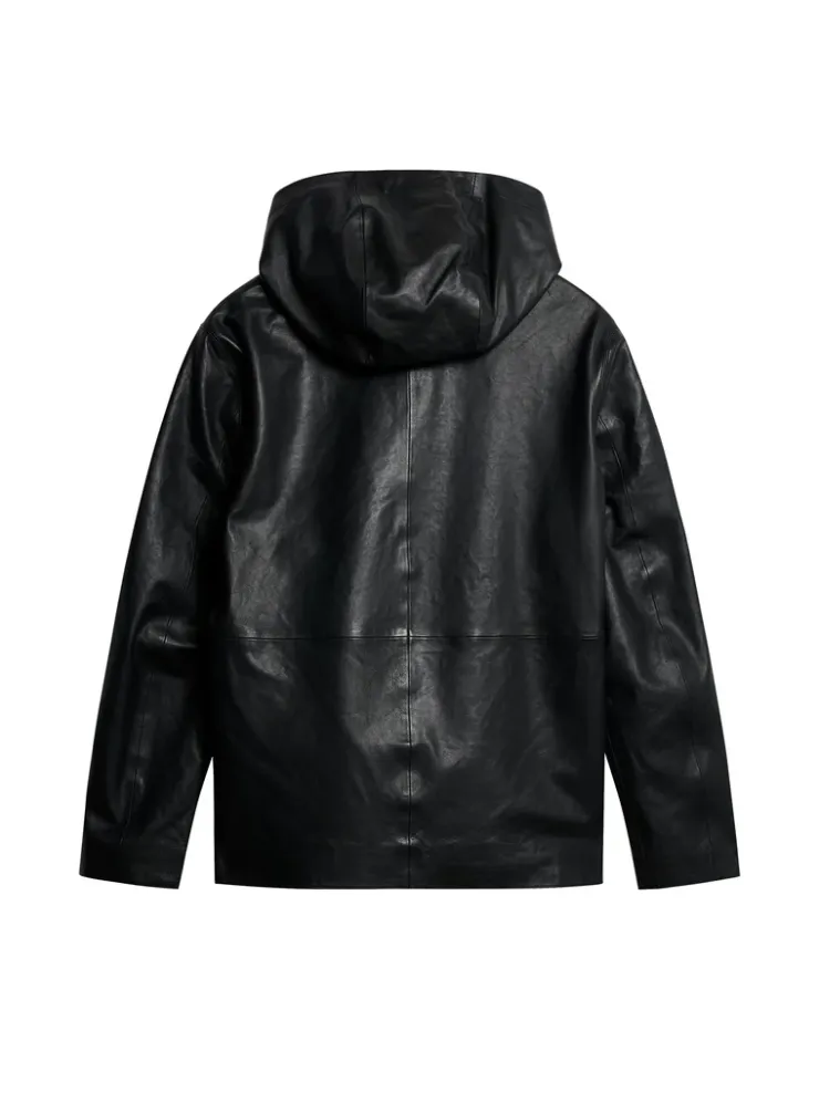 Jackets|Outerwear<J.Lindeberg Hadley Leather Hoody Jacket Black