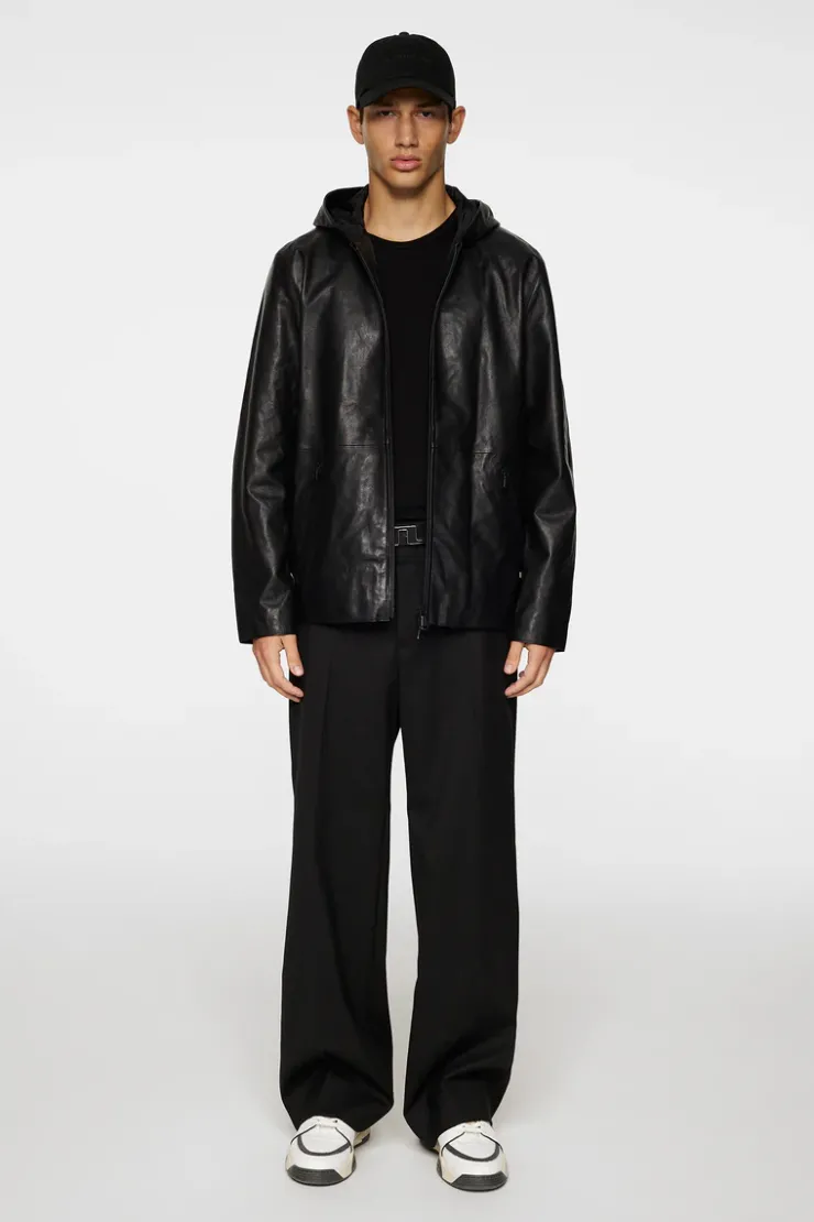Jackets|Outerwear<J.Lindeberg Hadley Leather Hoody Jacket Black
